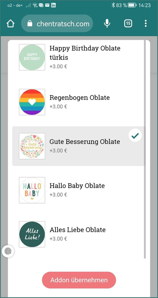 Screenshot der Oblaten-Auswahl zu verschiedenen Kuchen von Kuchentratsch