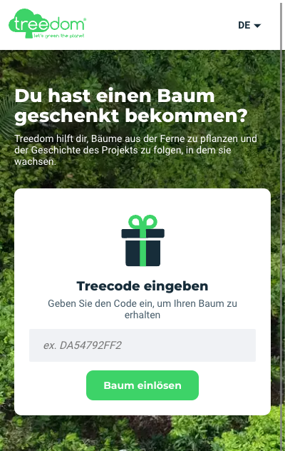 Screenshot der Treedom Website, im einen Baum-Code einzugeben